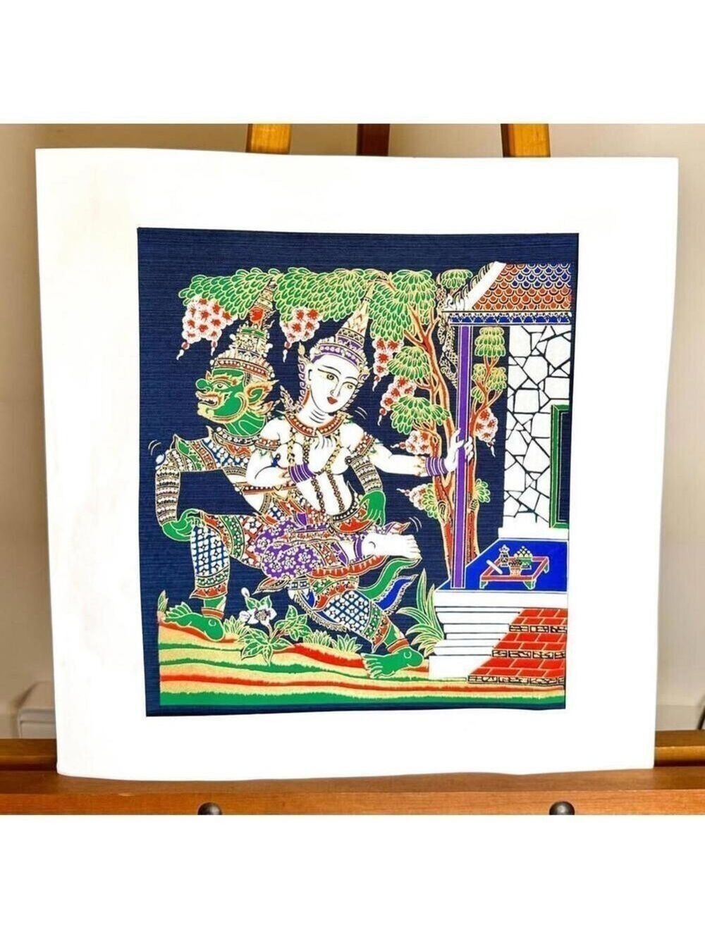 Vintage Hand-Painted Thai Textile Art Ramakien Hanuman Scene Wall Art